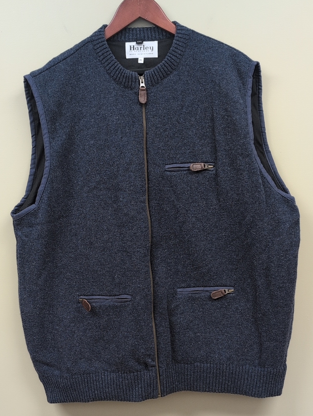 Harley Of Scotland Heathered Navy Blue Full Zip Wool Vest XXL